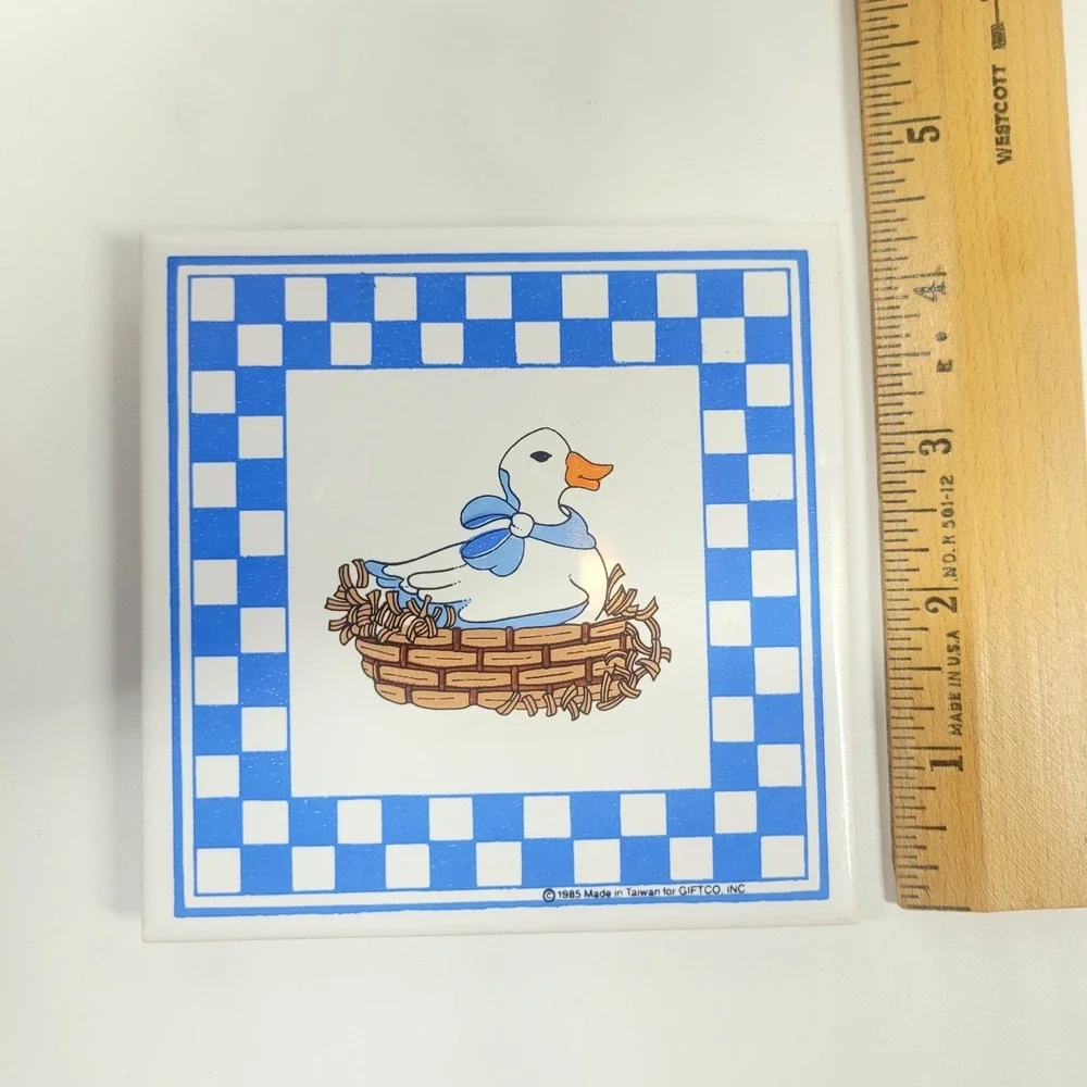 Vintage Goose On A Nest Blue Checkered Tile Trivet Duck 80s Kitchen Decor
